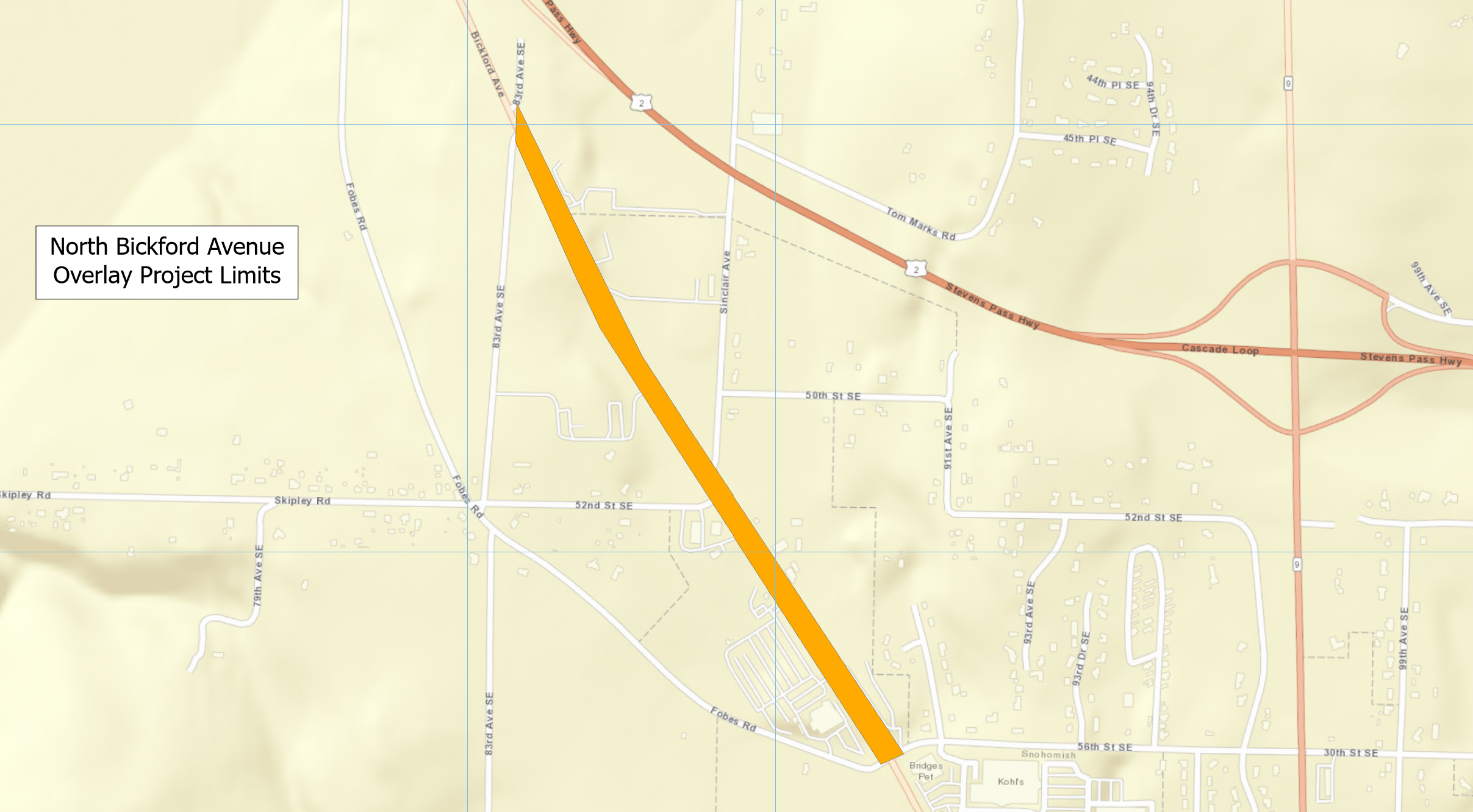 PGN image of project limits for the North Bickford Avenue grind and overlay.